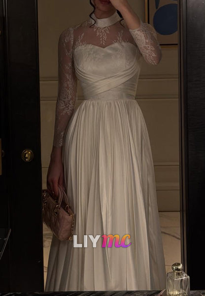 High Neck Long Sleeves Appliques Pleated A-Line Wedding Dress