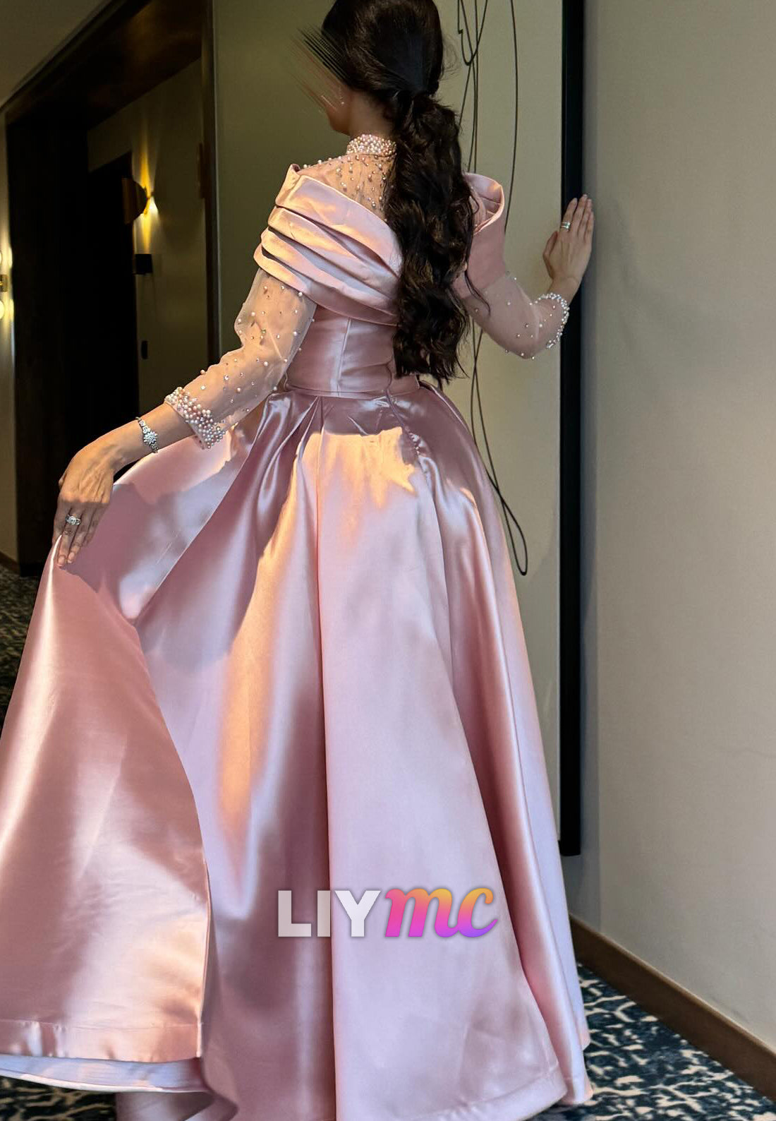 High Neck Long Sleeves Beaded A-Line Satin Prom Dress