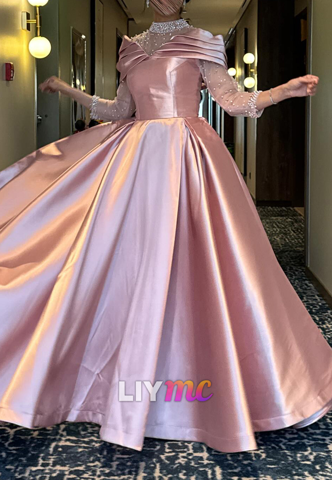 High Neck Long Sleeves Beaded A-Line Satin Prom Dress