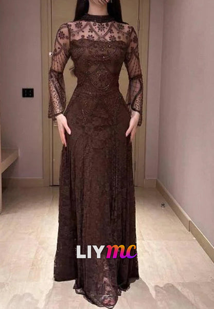 High Neck Long Sleeves Beaded Appliques A-Line Evening Dress