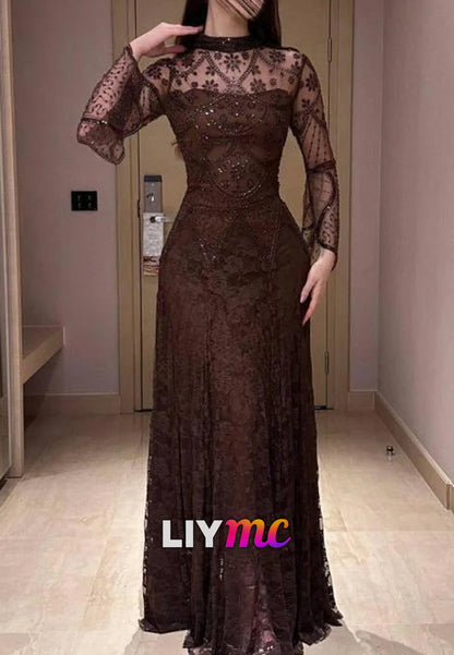 High Neck Long Sleeves Beaded Appliques A-Line Evening Dress