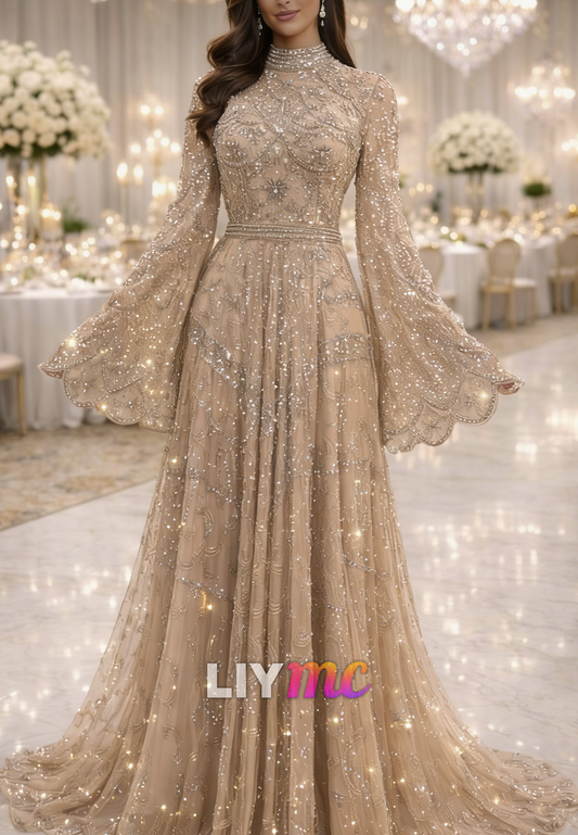High Neck Long Sleeves Beaded Embroidery A-Line Evening Dress
