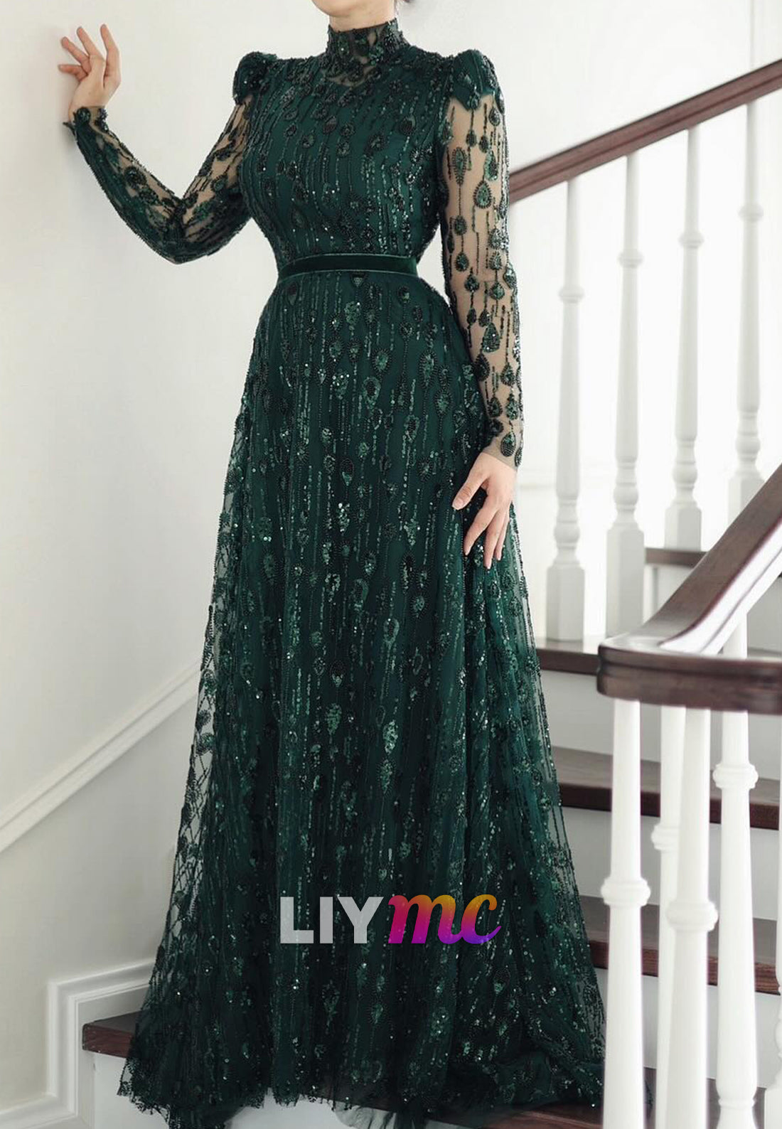 High Neck Long Sleeves Beaded Embroidery A-Line Evening Dress
