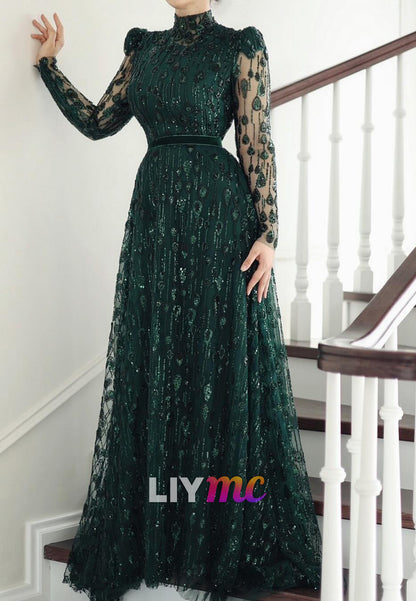 High Neck Long Sleeves Beaded Embroidery A-Line Evening Dress