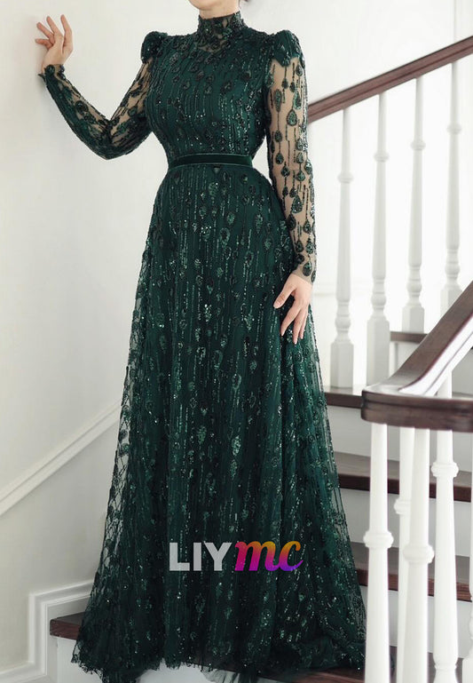High Neck Long Sleeves Beaded Embroidery A-Line Evening Dress