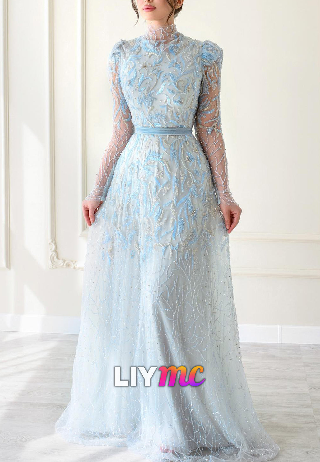 High Neck Long Sleeves Beaded Embroidery A-Line Evening Dress