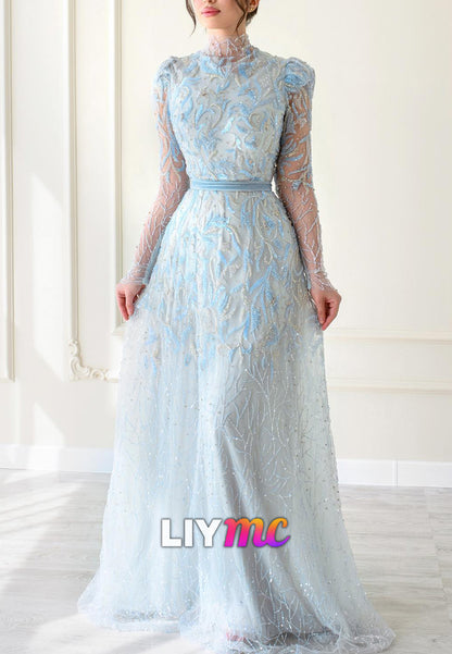 High Neck Long Sleeves Beaded Embroidery A-Line Evening Dress