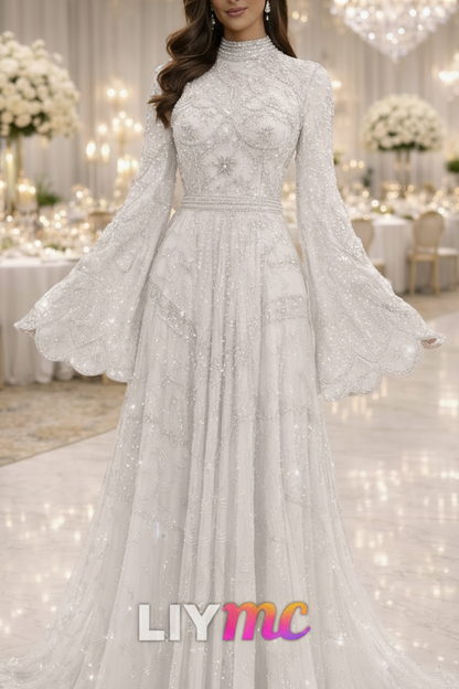 High Neck Long Sleeves Beaded Embroidery A-Line Evening Dress