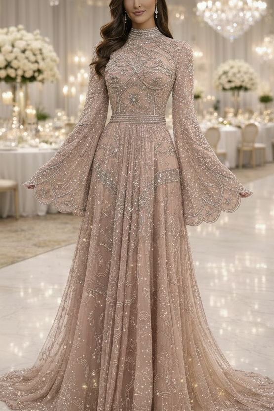 High Neck Long Sleeves Beaded Embroidery A-Line Evening Dress