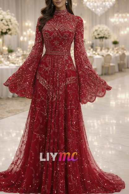 High Neck Long Sleeves Beaded Embroidery A-Line Evening Dress