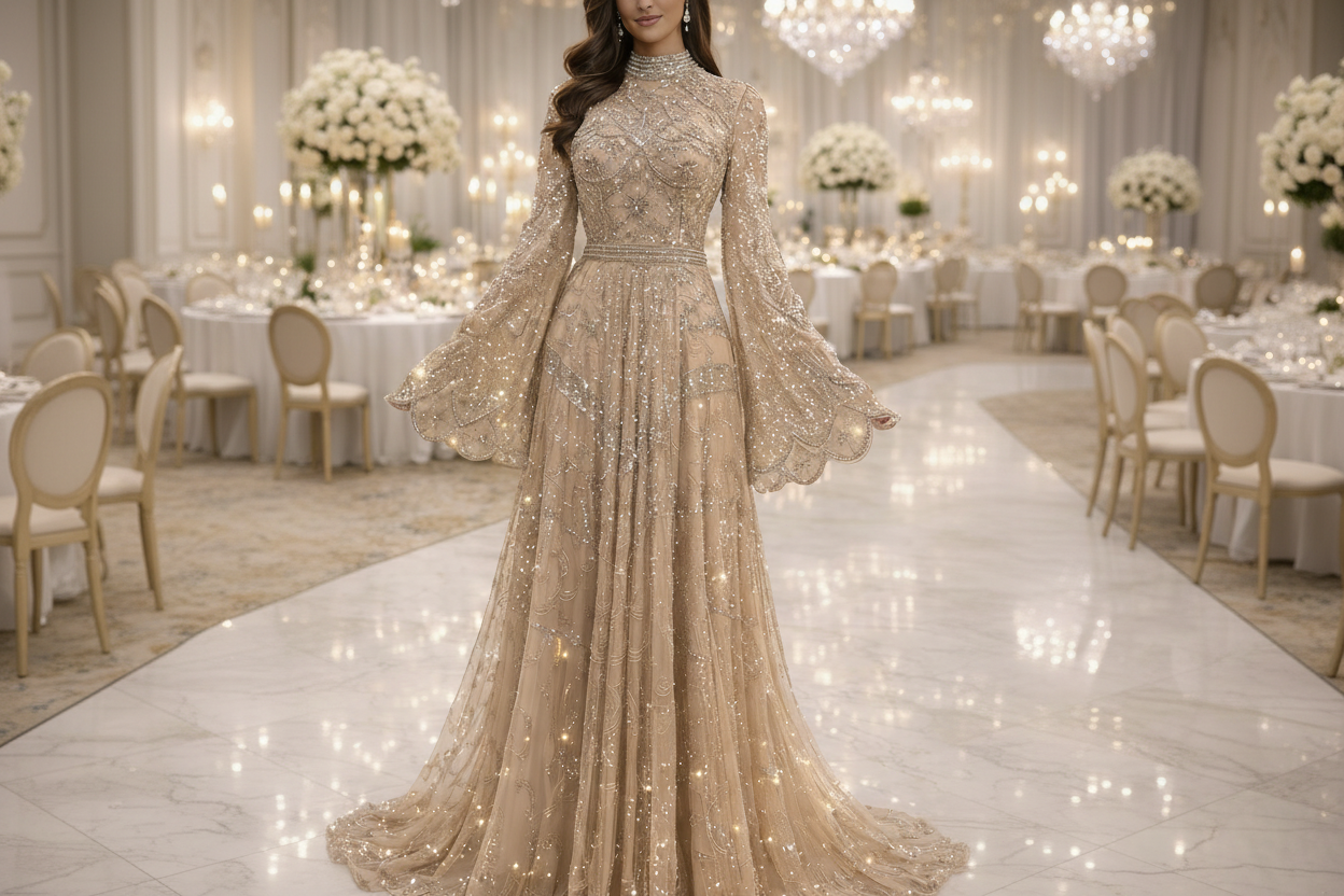 High Neck Long Sleeves Beaded Embroidery A-Line Evening Dress