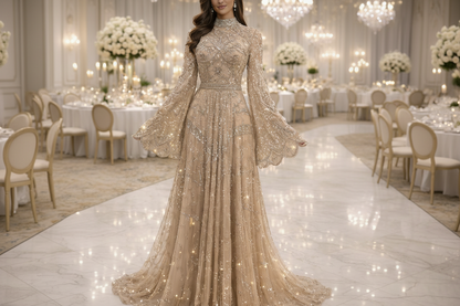 High Neck Long Sleeves Beaded Embroidery A-Line Evening Dress