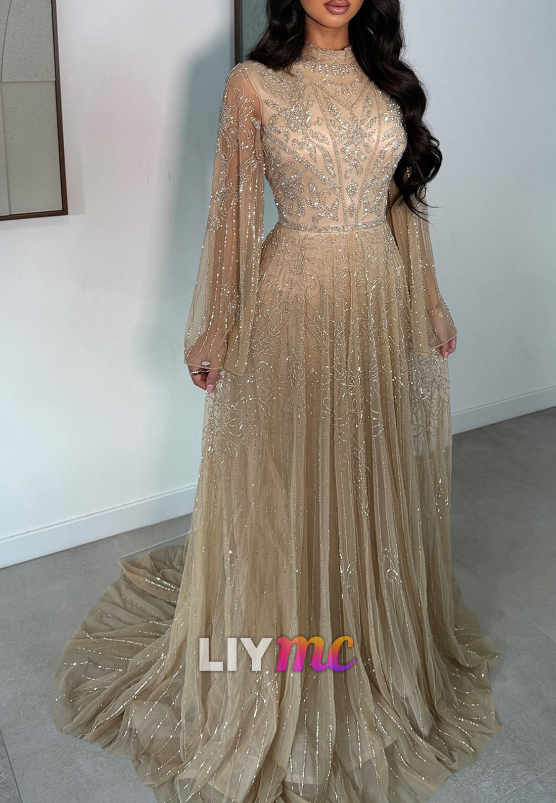 High Neck Long Sleeves Beaded Embroidery A-Line Prom Dress