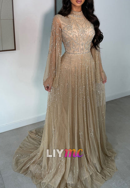 High Neck Long Sleeves Beaded Embroidery A-Line Prom Dress