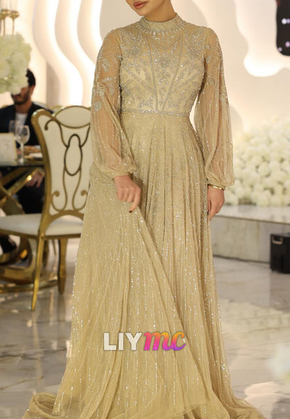 High Neck Long Sleeves Beaded Embroidery A-Line Prom Dress