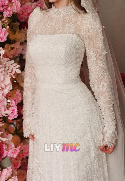 High Neck Long Sleeves Beaded Embroidery Appliques A-Line Wedding Dress