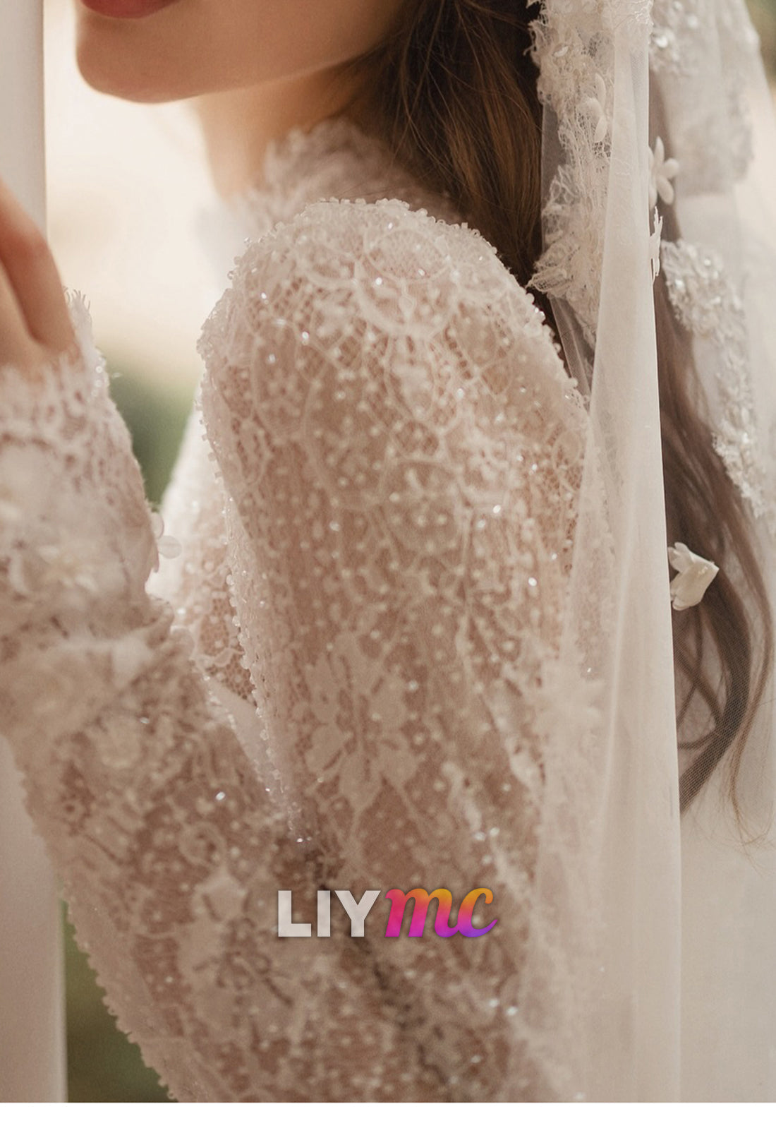 High Neck Long Sleeves Beaded Embroidery Appliques A-Line Wedding Dress
