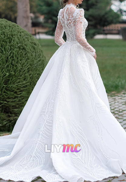 High Neck Long Sleeves Beaded Embroidery Appliques Sheath Wedding Dress