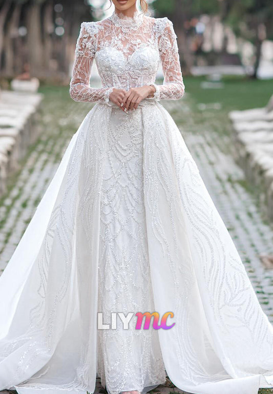 High Neck Long Sleeves Beaded Embroidery Appliques Sheath Wedding Dress