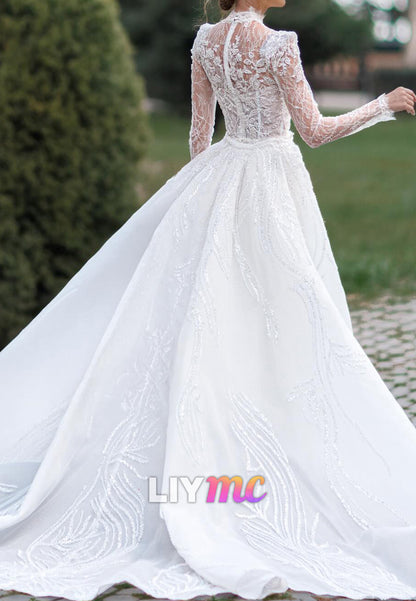 High Neck Long Sleeves Beaded Embroidery Appliques Sheath Wedding Dress
