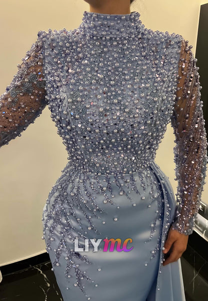 High Neck Long Sleeves Beaded Embroidery Mermaid Evening Dress