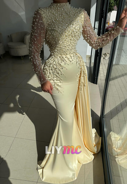 High Neck Long Sleeves Beaded Embroidery Mermaid Evening Dress