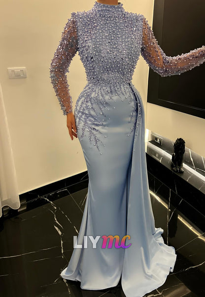 High Neck Long Sleeves Beaded Embroidery Mermaid Evening Dress