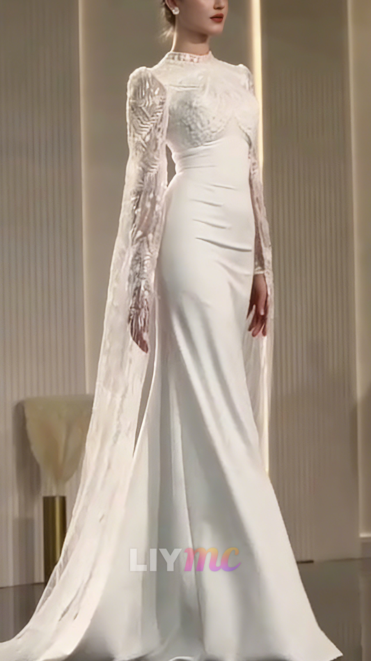 High Neck Long Sleeves Beaded Embroidery Mermaid Wedding Dress