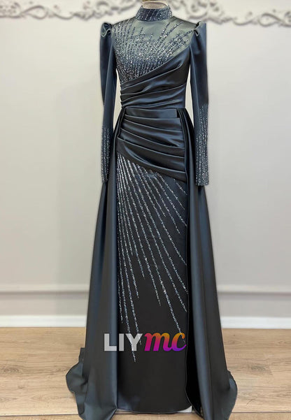 High Neck Long Sleeves Beaded Embroidery Sheath Evening Dress