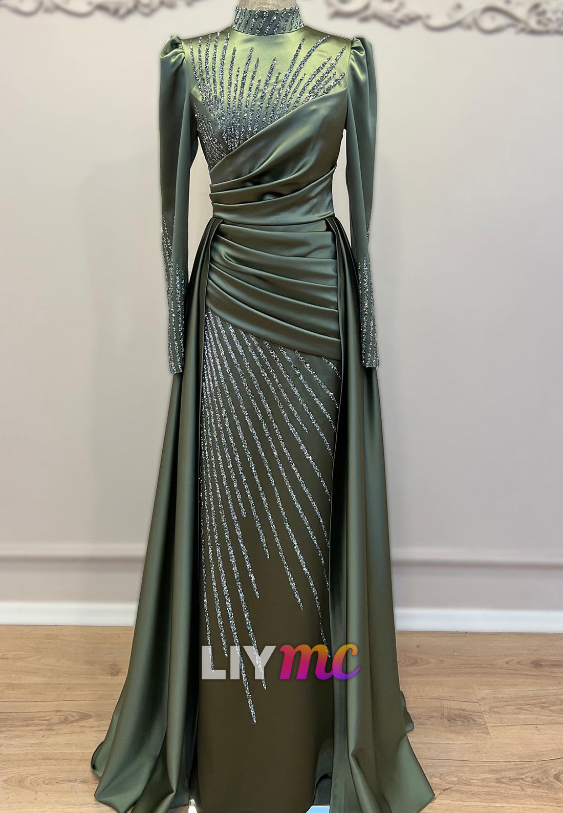 High Neck Long Sleeves Beaded Embroidery Sheath Evening Dress