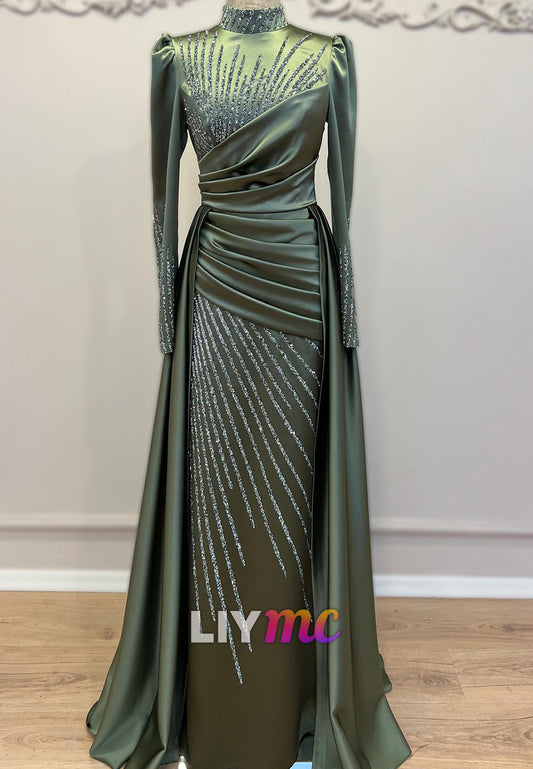 High Neck Long Sleeves Beaded Embroidery Sheath Evening Dress
