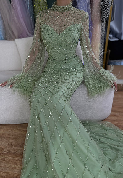 High Neck Long Sleeves Beaded Embroidery Sparkly Mermaid Evening Dress