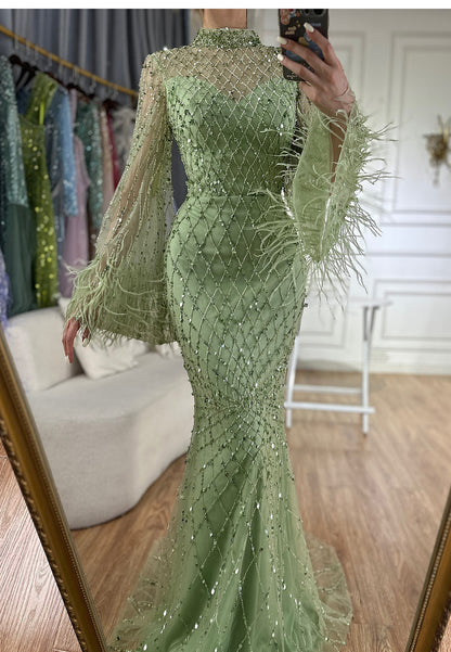 High Neck Long Sleeves Beaded Embroidery Sparkly Mermaid Evening Dress