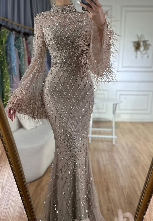 High Neck Long Sleeves Beaded Embroidery Sparkly Mermaid Evening Dress