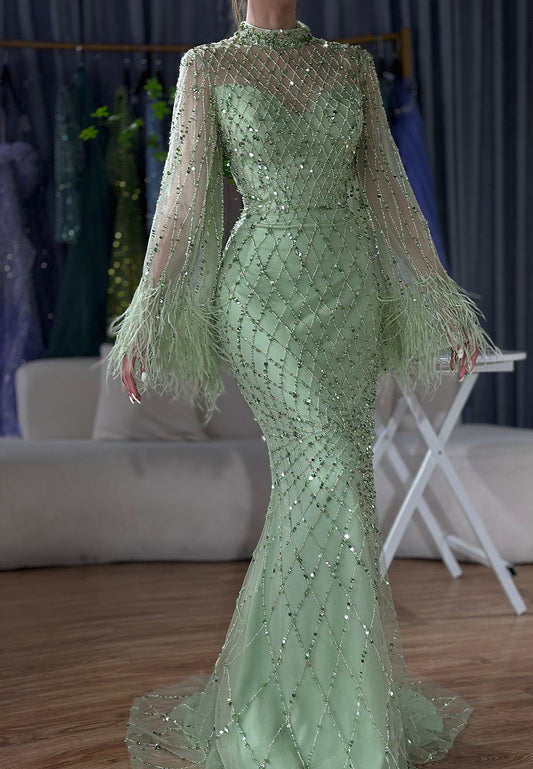 High Neck Long Sleeves Beaded Embroidery Sparkly Mermaid Evening Dress