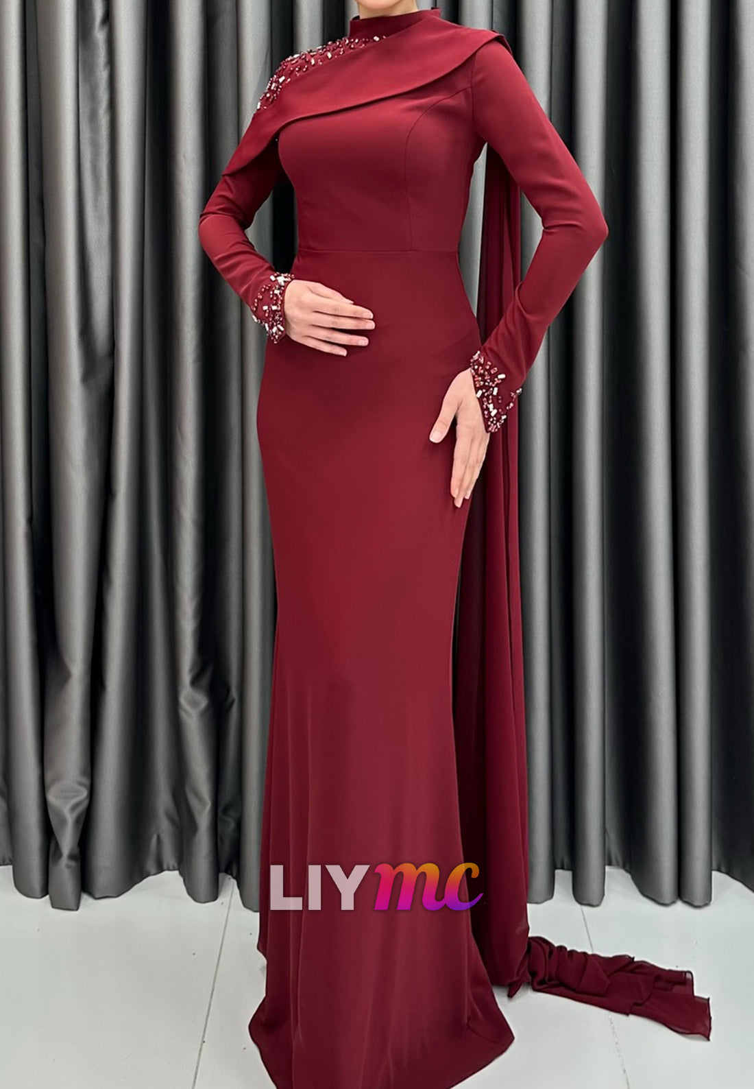High Neck Long Sleeves Beaded Mermaid Evening Dress