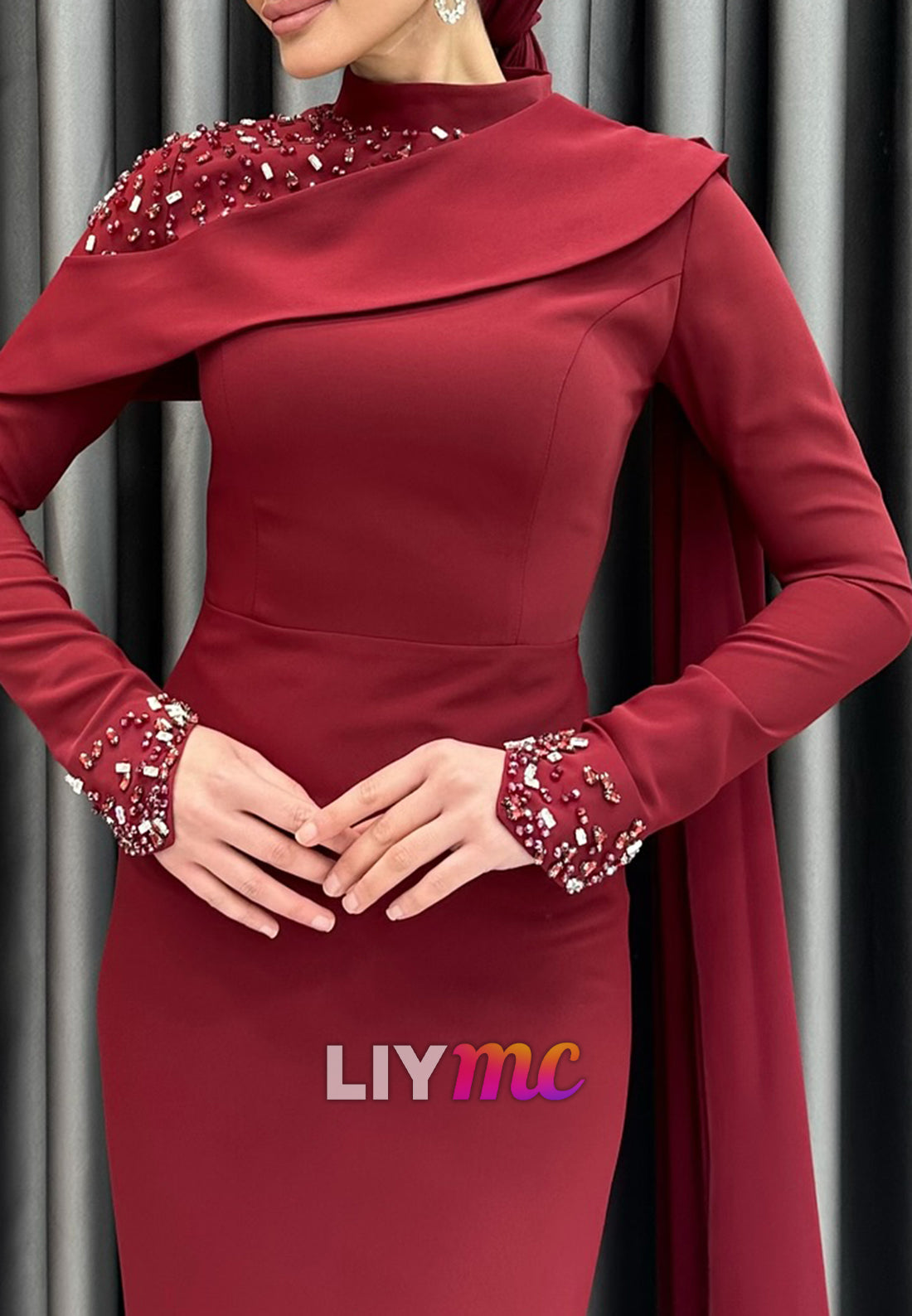 High Neck Long Sleeves Beaded Mermaid Evening Dress