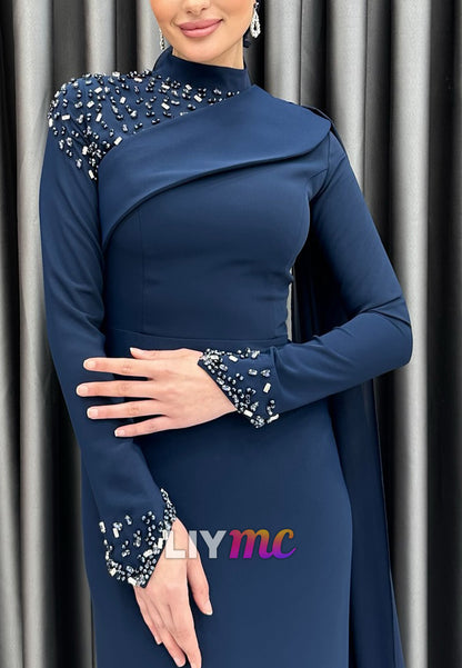 High Neck Long Sleeves Beaded Mermaid Evening Dress