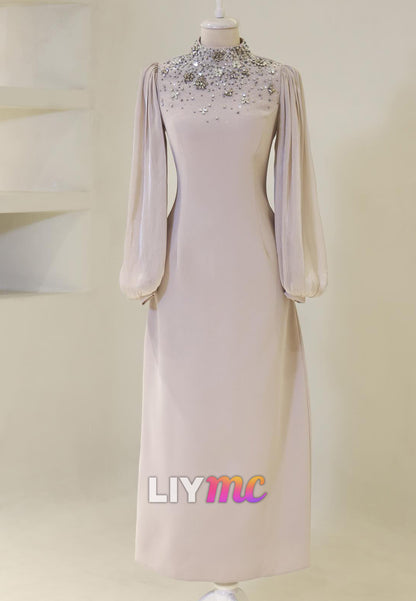 High Neck Long Sleeves Beaded Sheath Evening Dress