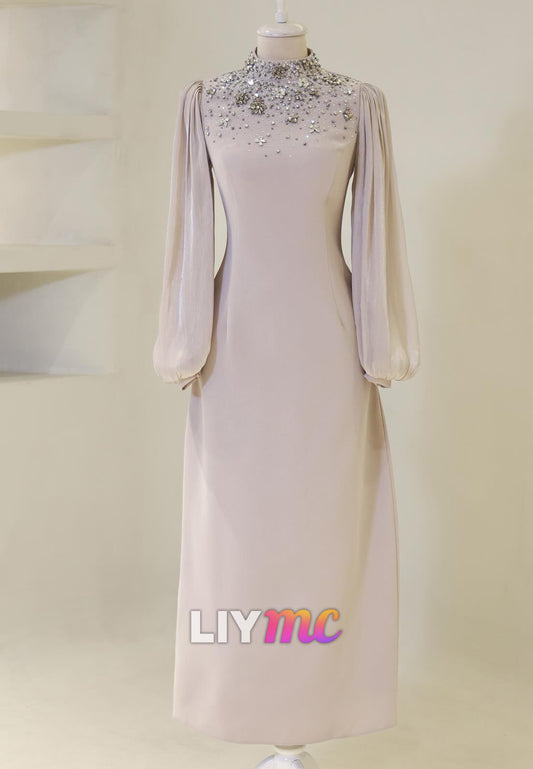 High Neck Long Sleeves Beaded Sheath Evening Dress