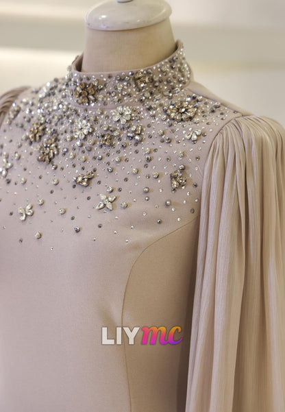 High Neck Long Sleeves Beaded Sheath Evening Dress