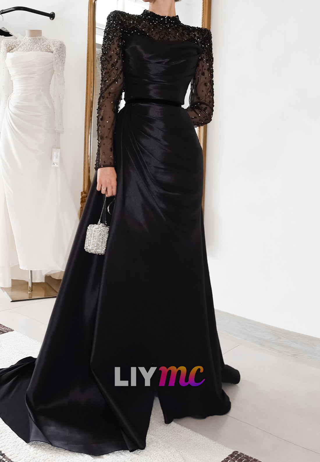 High Neck Long Sleeves Beaded Sheath Mother of Bride Dress