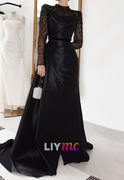 High Neck Long Sleeves Beaded Sheath Mother of Bride Dress