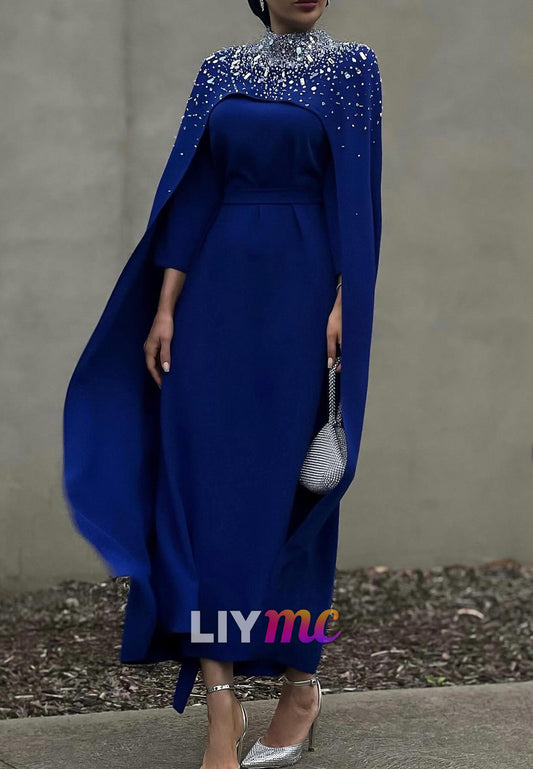 High Neck Long Sleeves Beaded Sheeath Royal Blue Evening Dress