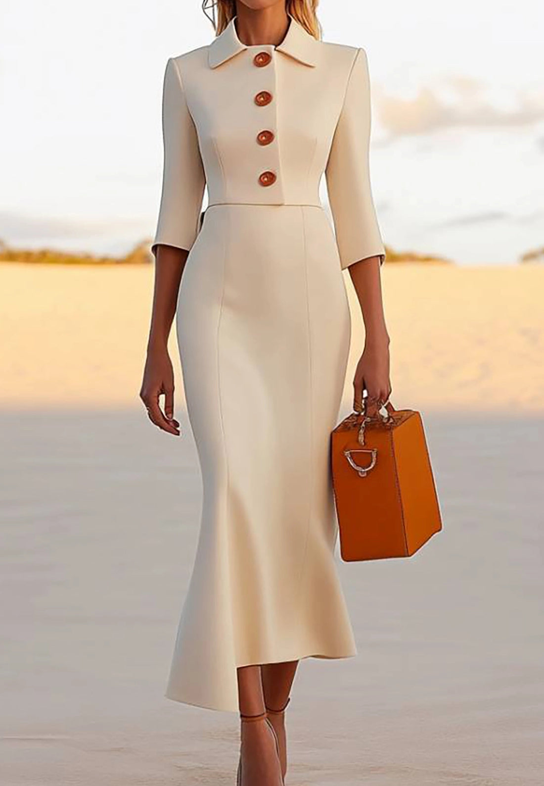 High Neck Long Sleeves Button Sleek Mermaid Work Dress