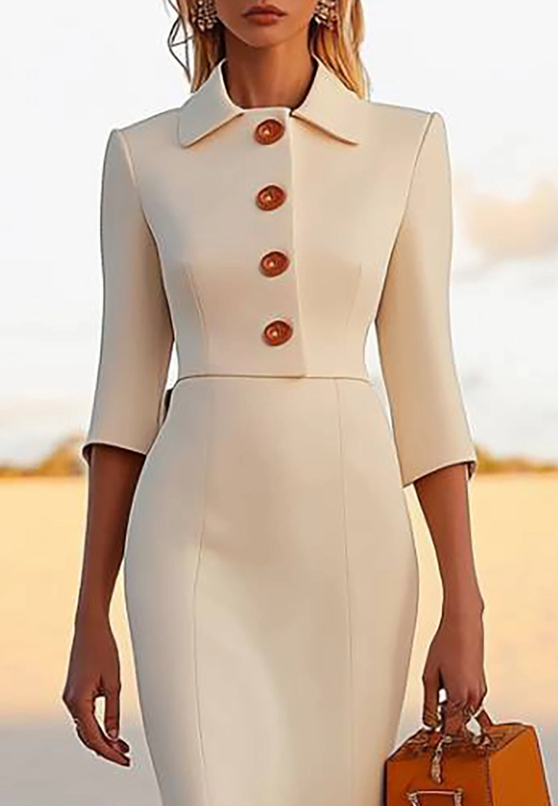 High Neck Long Sleeves Button Sleek Mermaid Work Dress
