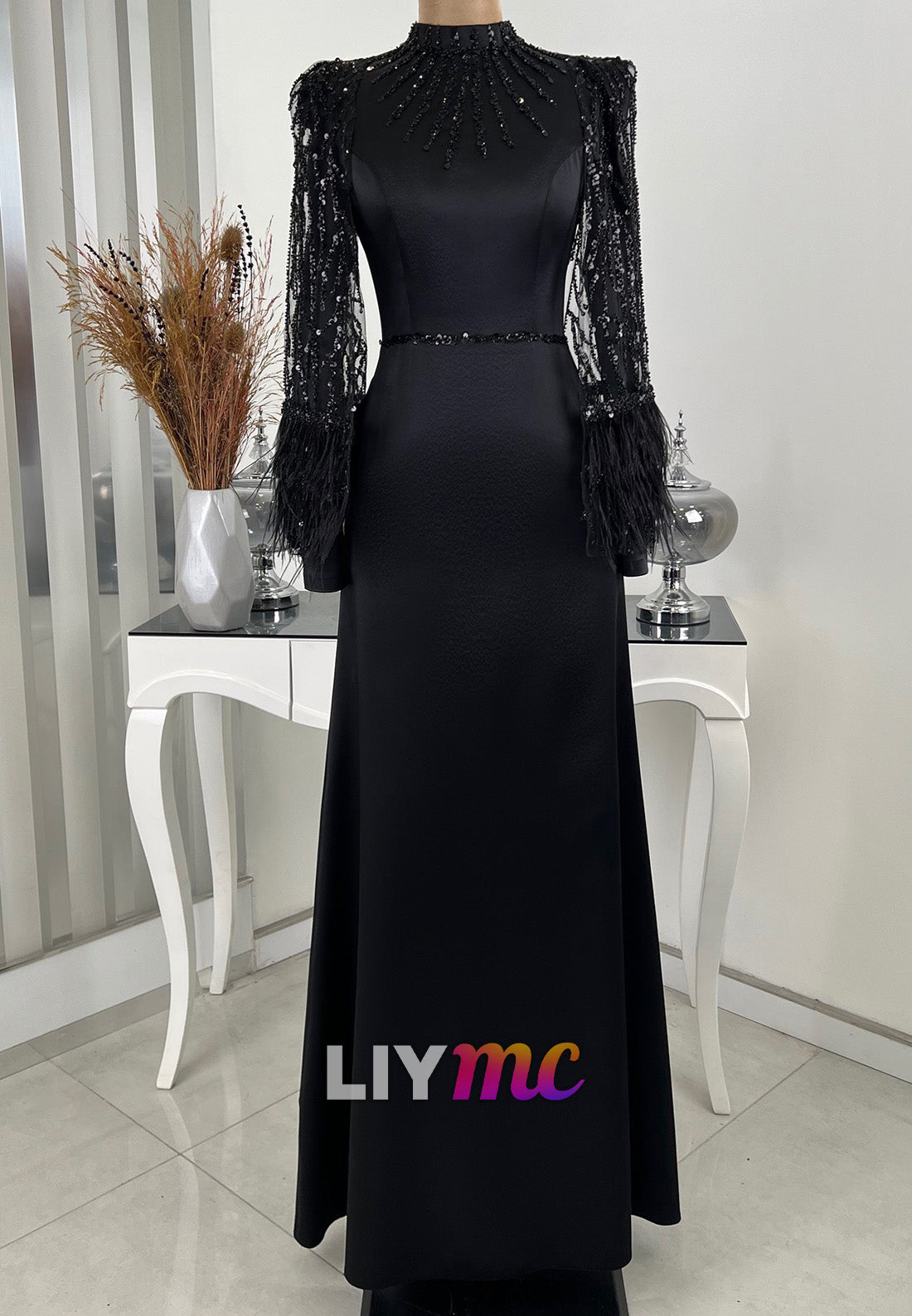 High Neck Long Sleeves Feather Sleek Sheath Mother of Bride Dress