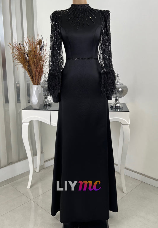 High Neck Long Sleeves Feather Sleek Sheath Mother of Bride Dress