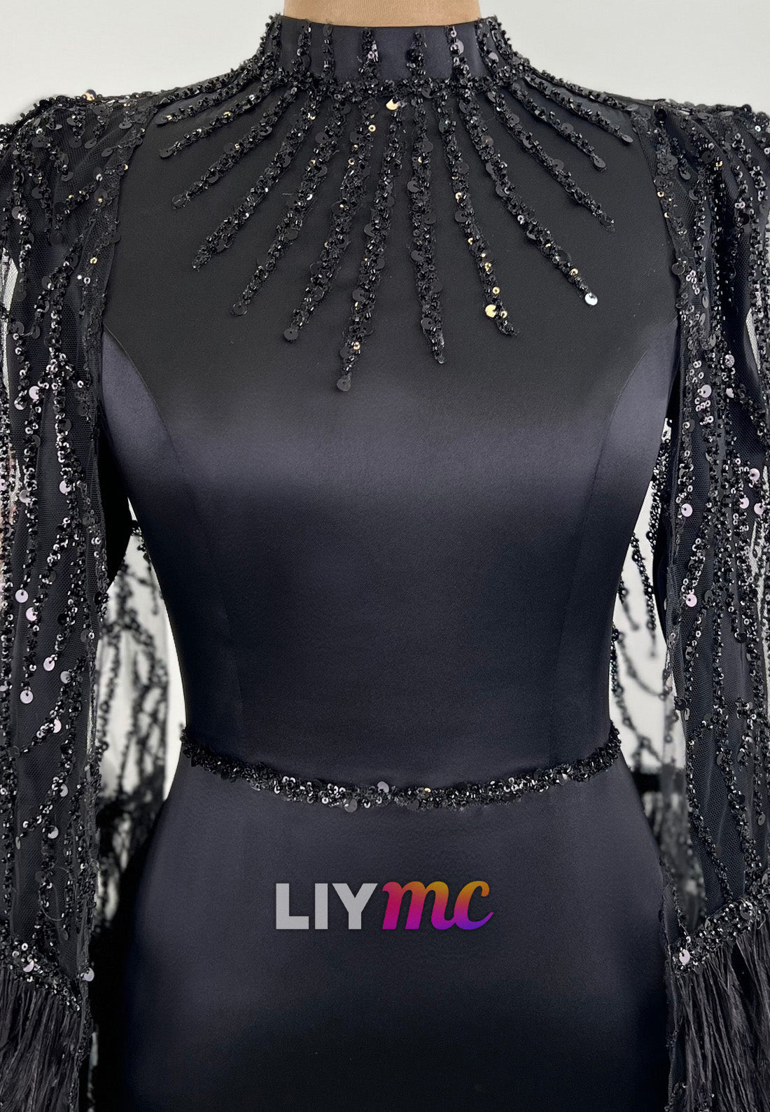 High Neck Long Sleeves Feather Sleek Sheath Mother of Bride Dress