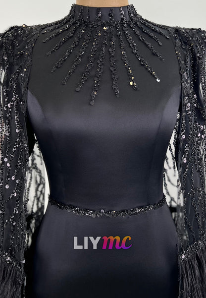High Neck Long Sleeves Feather Sleek Sheath Mother of Bride Dress